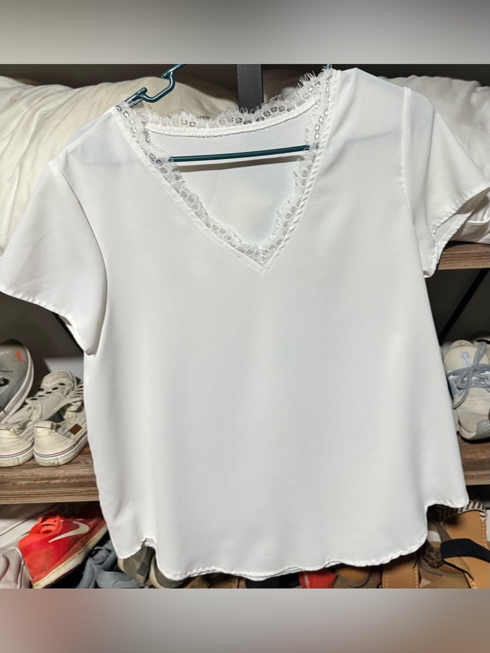 Amazon Women’s White V-Neck Lace Trim Short Sleeve Blouse